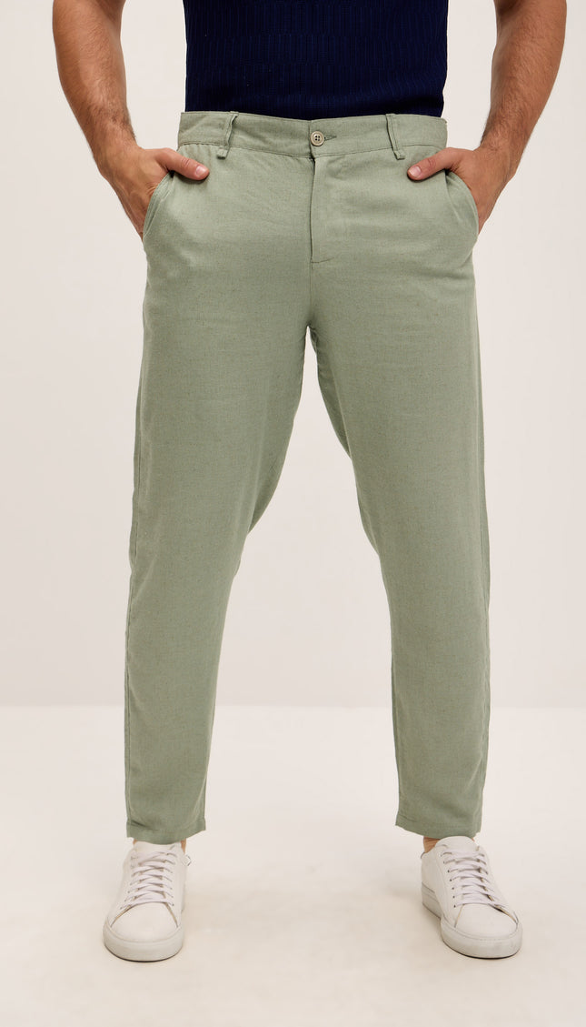 Linen Blend Relaxed Fit Pants - Green - Ron Tomson