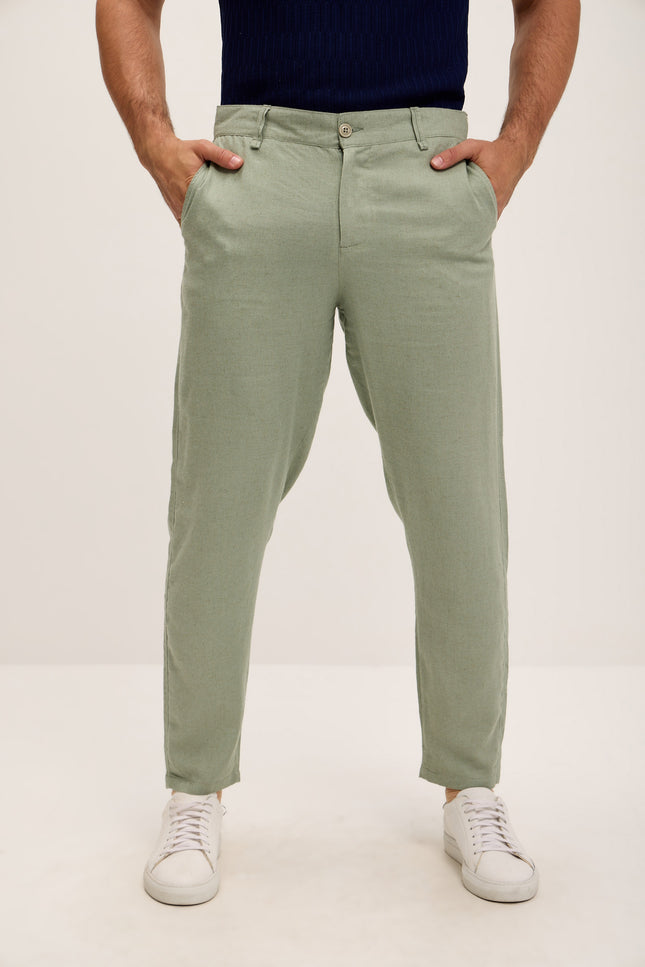 Linen Blend Relaxed Fit Pants - Green - Ron Tomson