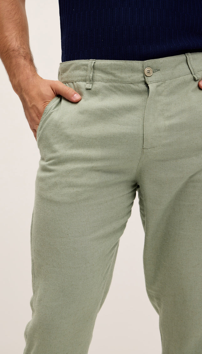 Linen Blend Relaxed Fit Pants - Green - Ron Tomson