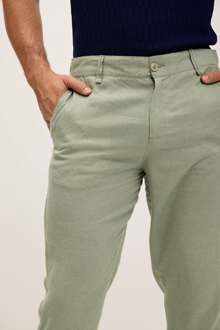 Linen Blend Relaxed Fit Pants - Green - Ron Tomson