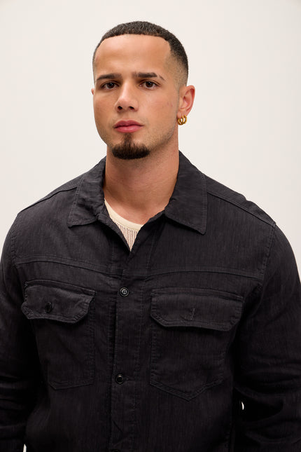 Linen Blend Utility Shirt Jacket - Black - Ron Tomson