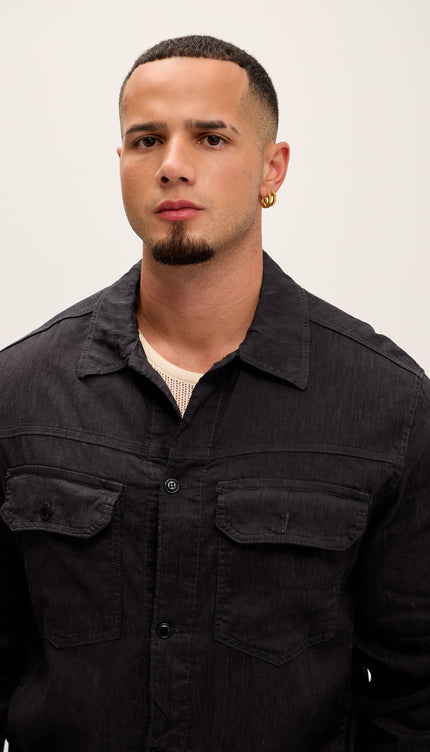 Linen Blend Utility Shirt Jacket - Black - Ron Tomson