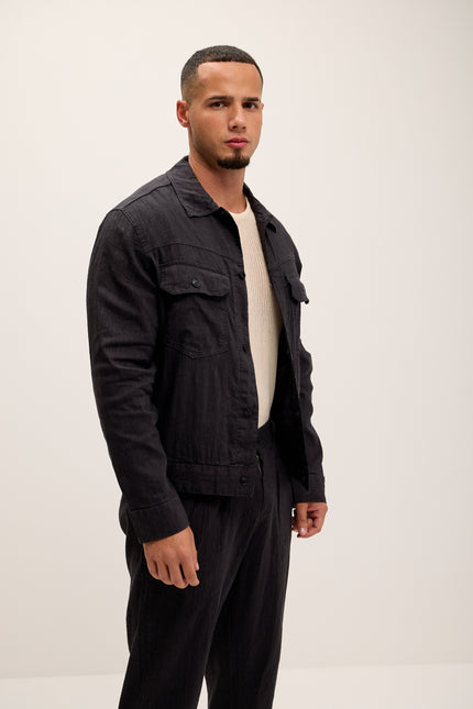 Linen Blend Utility Shirt Jacket - Black - Ron Tomson