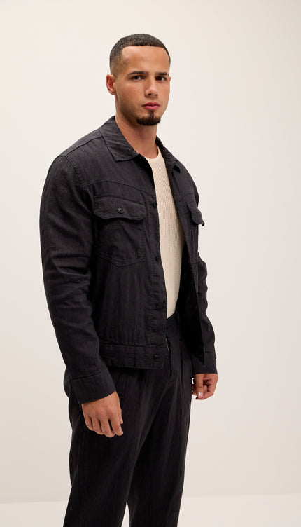 Linen Blend Utility Shirt Jacket - Black - Ron Tomson