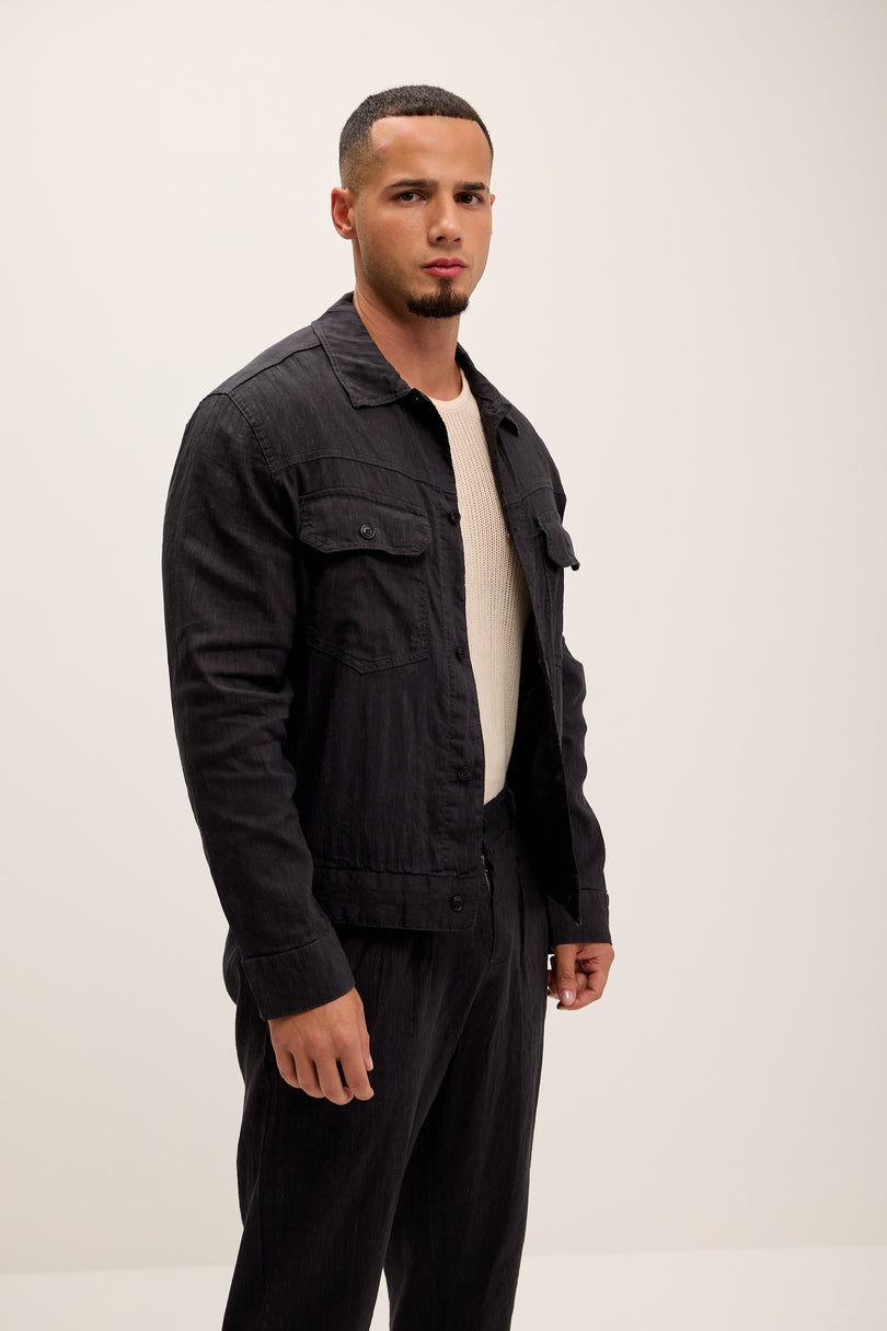 Linen Blend Utility Shirt Jacket - Black - Ron Tomson