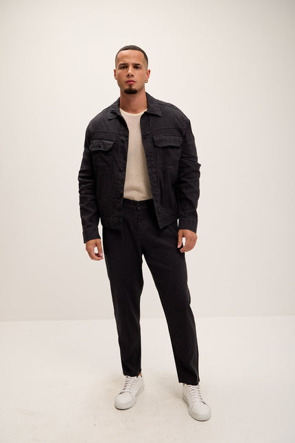 Linen Blend Utility Shirt Jacket - Black - Ron Tomson