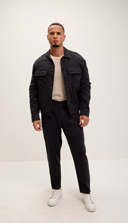 Linen Blend Utility Shirt Jacket - Black - Ron Tomson