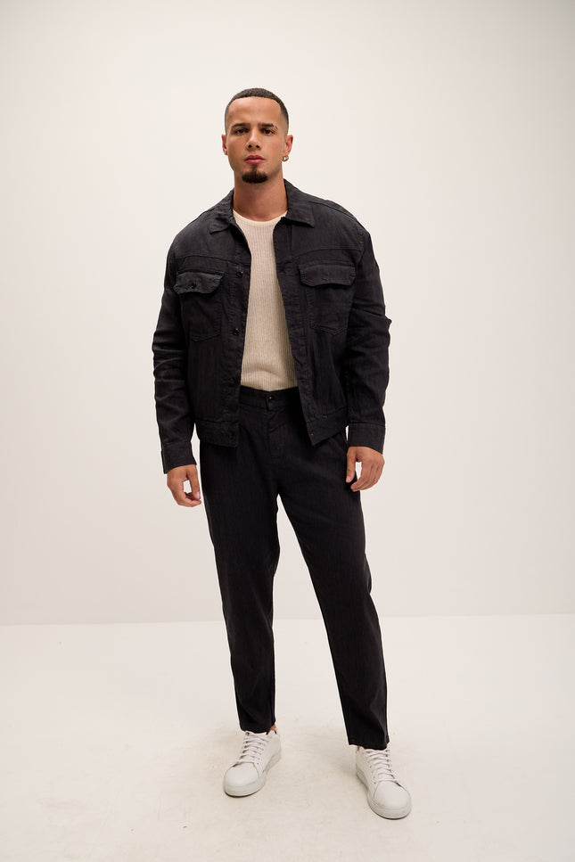 Linen Blend Utility Shirt Jacket - Black - Ron Tomson