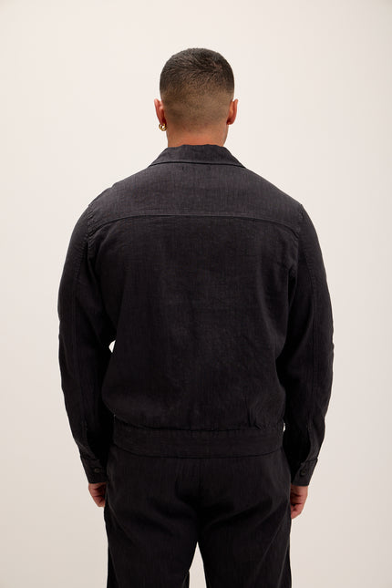 Linen Blend Utility Shirt Jacket - Black - Ron Tomson