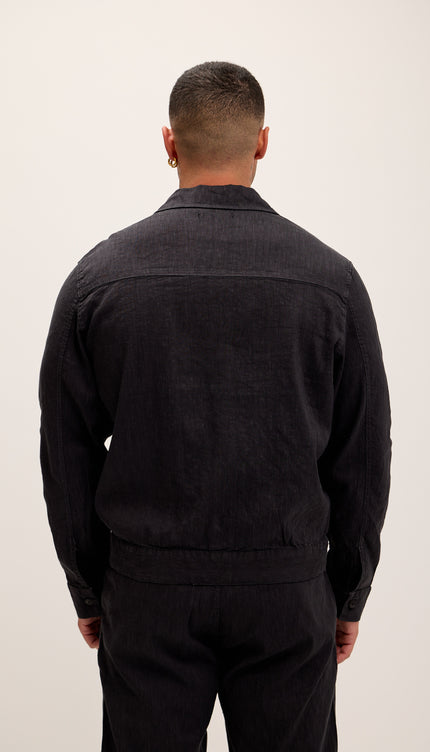 Linen Blend Utility Shirt Jacket - Black - Ron Tomson