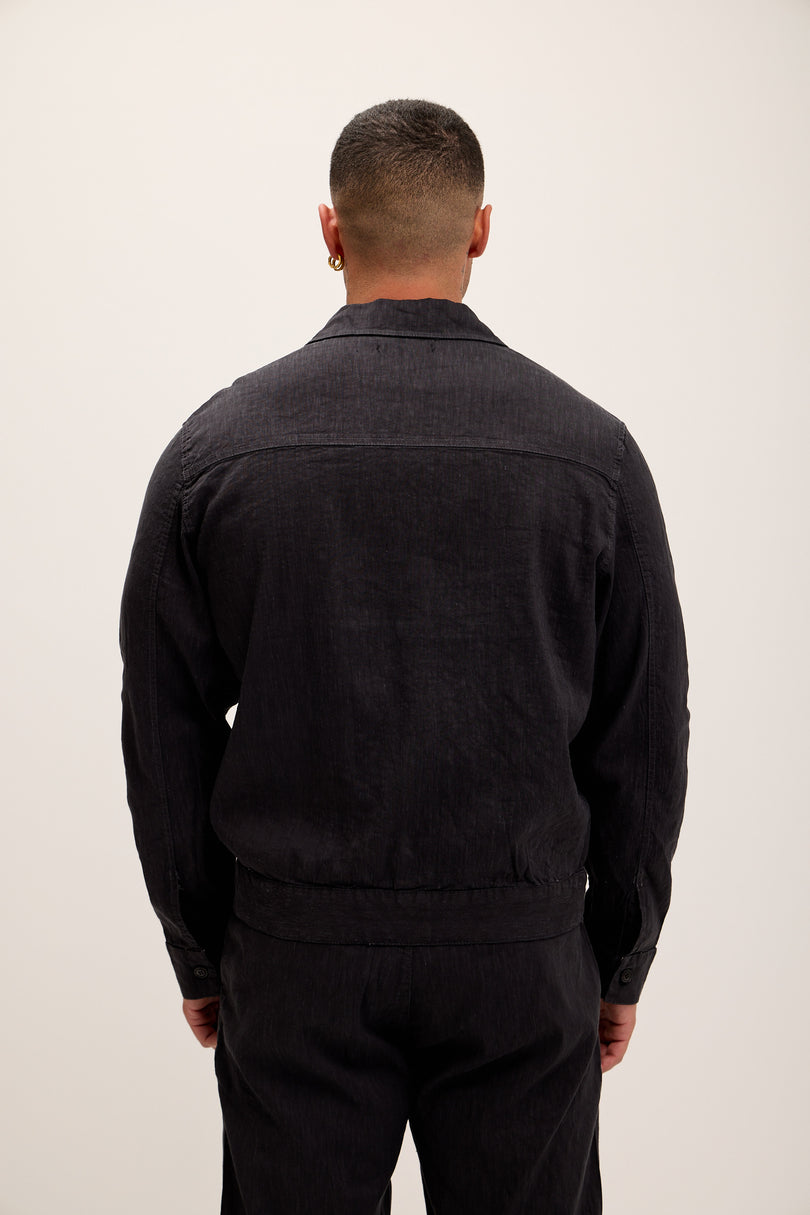 Linen Blend Utility Shirt Jacket - Black - Ron Tomson