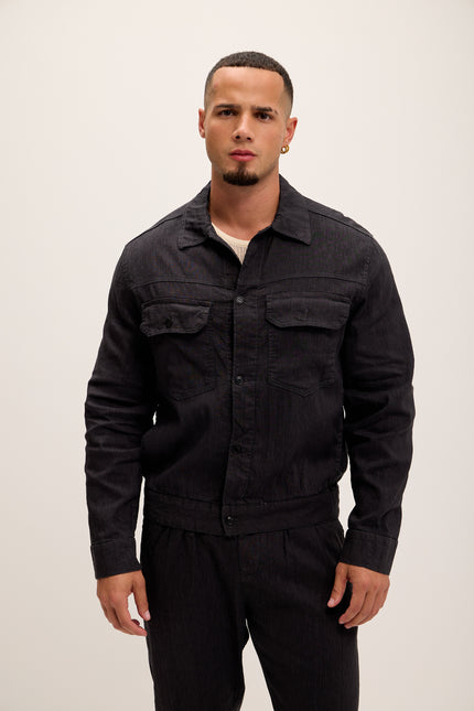 Linen Blend Utility Shirt Jacket - Black - Ron Tomson