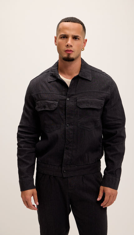 Linen Blend Utility Shirt Jacket - Black - Ron Tomson