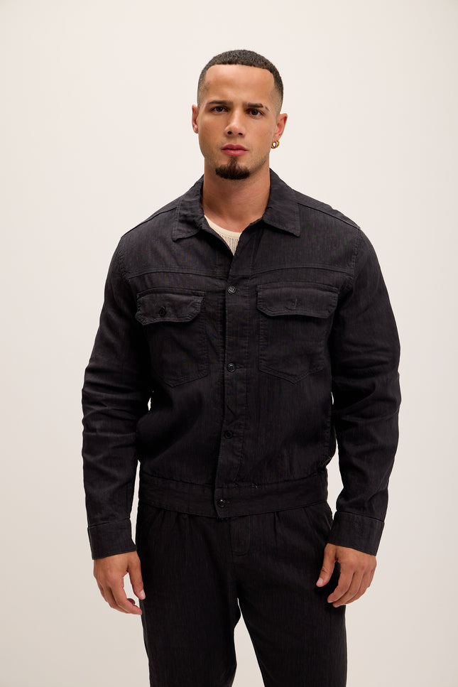 Linen Blend Utility Shirt Jacket - Black - Ron Tomson