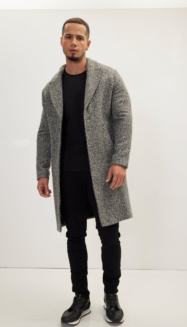 Long Fitted Boucle Pea Coat With Notch Lapel - Anthracite - Ron Tomson
