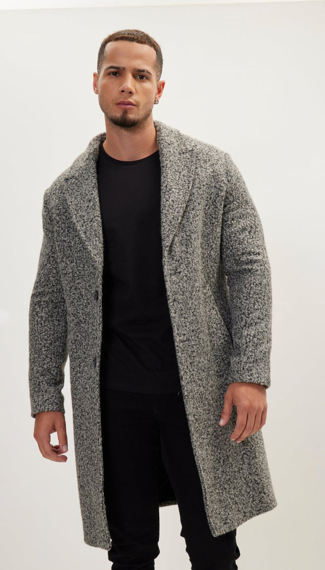 Long Fitted Boucle Pea Coat With Notch Lapel - Anthracite - Ron Tomson