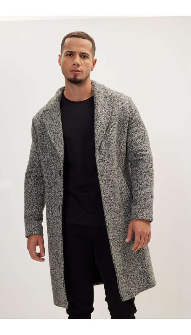 Long Fitted Boucle Pea Coat With Notch Lapel - Anthracite - Ron Tomson