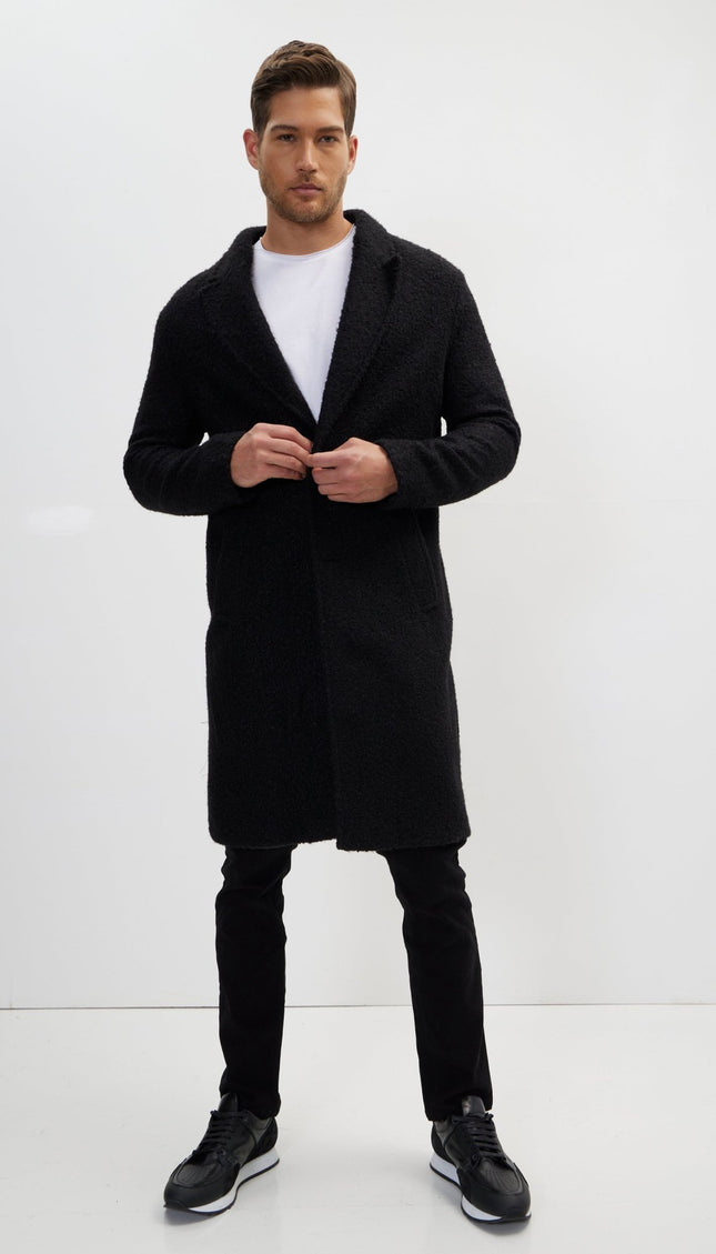 Long Fitted Boucle Pea Coat With Notch Lapel - Black - Ron Tomson