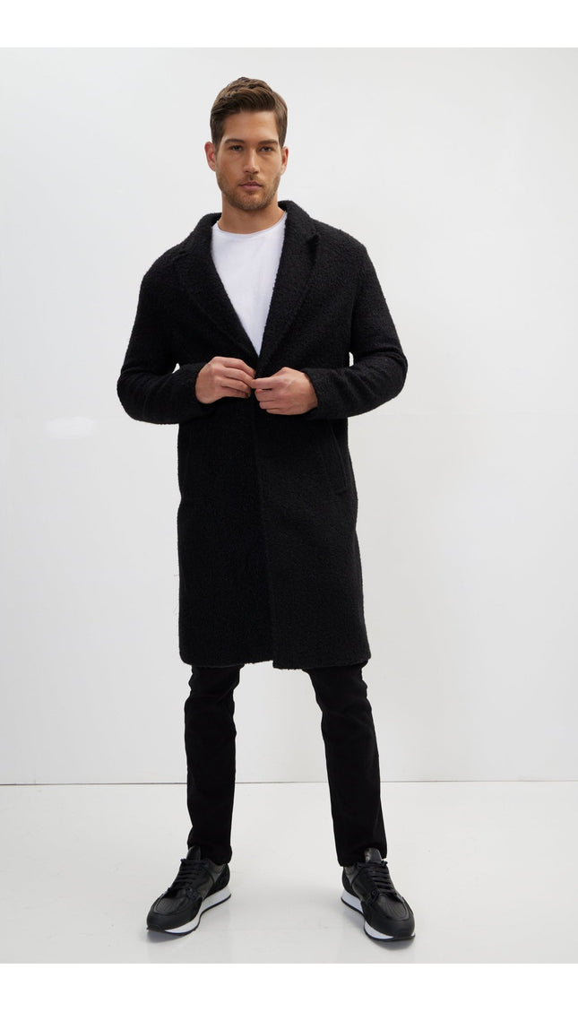 Long Fitted Boucle Pea Coat With Notch Lapel - Black - Ron Tomson