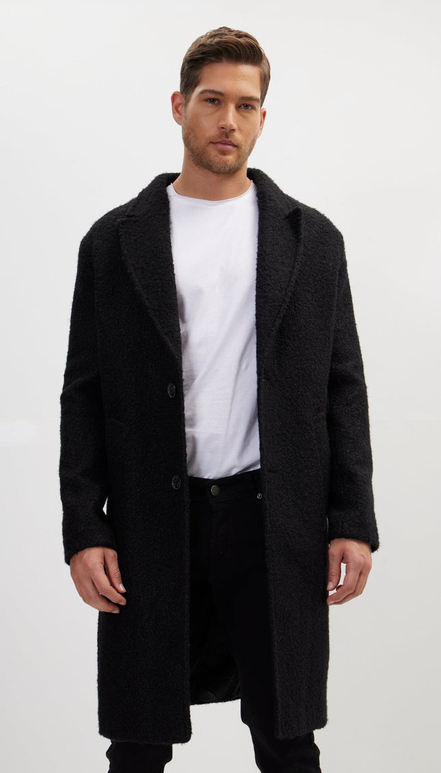 Long Fitted Boucle Pea Coat With Notch Lapel - Black - Ron Tomson