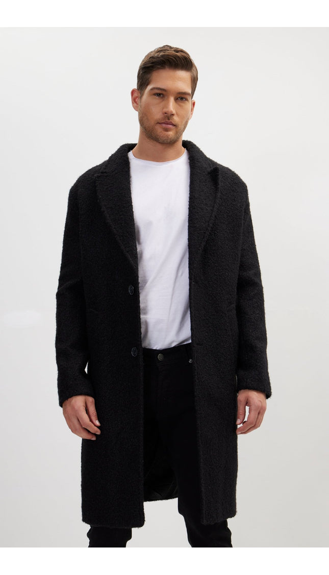 Long Fitted Boucle Pea Coat With Notch Lapel - Black - Ron Tomson