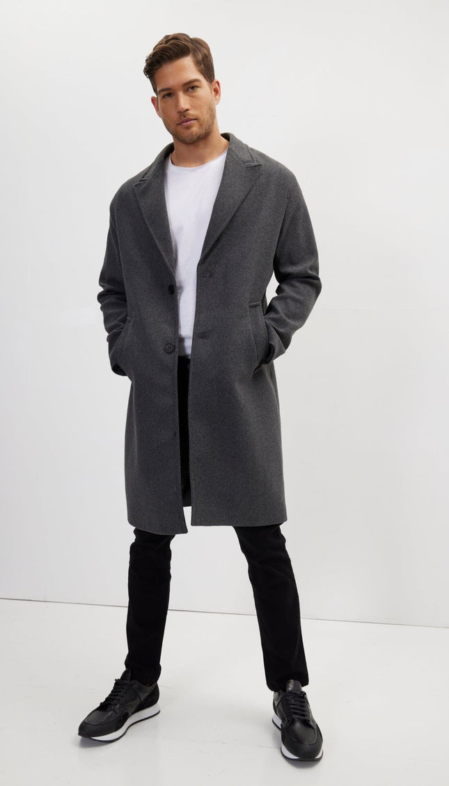 Long Fitted Pea Coat With Notch Lapel - Anthracite - Ron Tomson