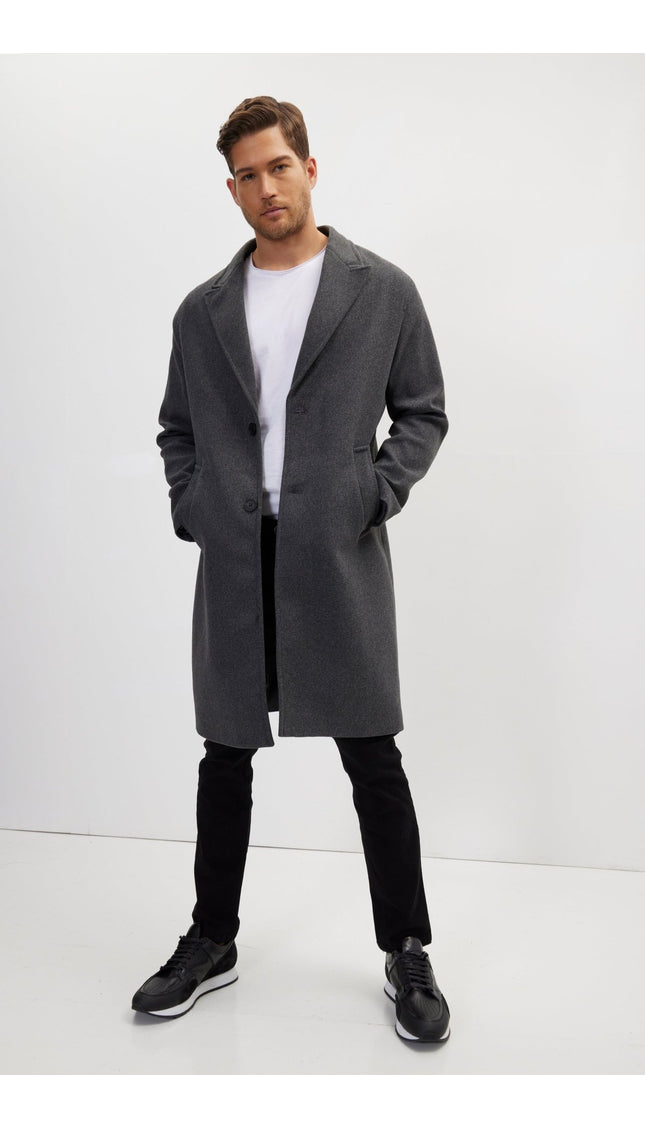 Long Fitted Pea Coat With Notch Lapel - Anthracite - Ron Tomson