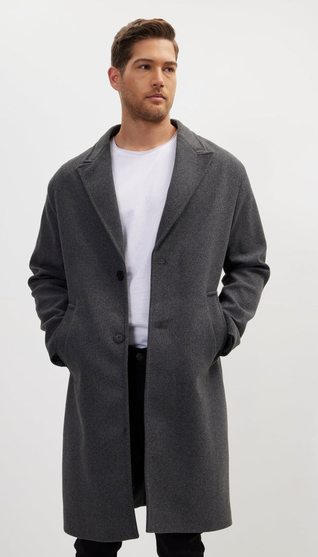 Long Fitted Pea Coat With Notch Lapel - Anthracite - Ron Tomson
