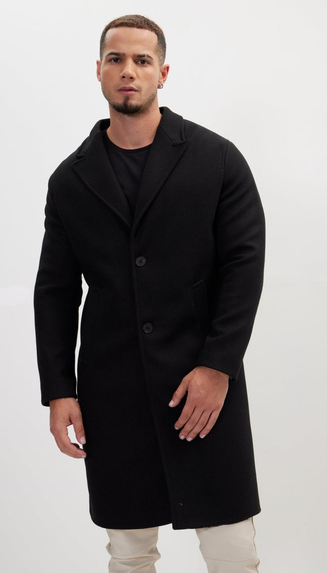 Long Fitted Pea Coat With Notch Lapel - Black - Ron Tomson