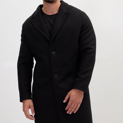 Long Fitted Pea Coat With Notch Lapel - Black - Ron Tomson