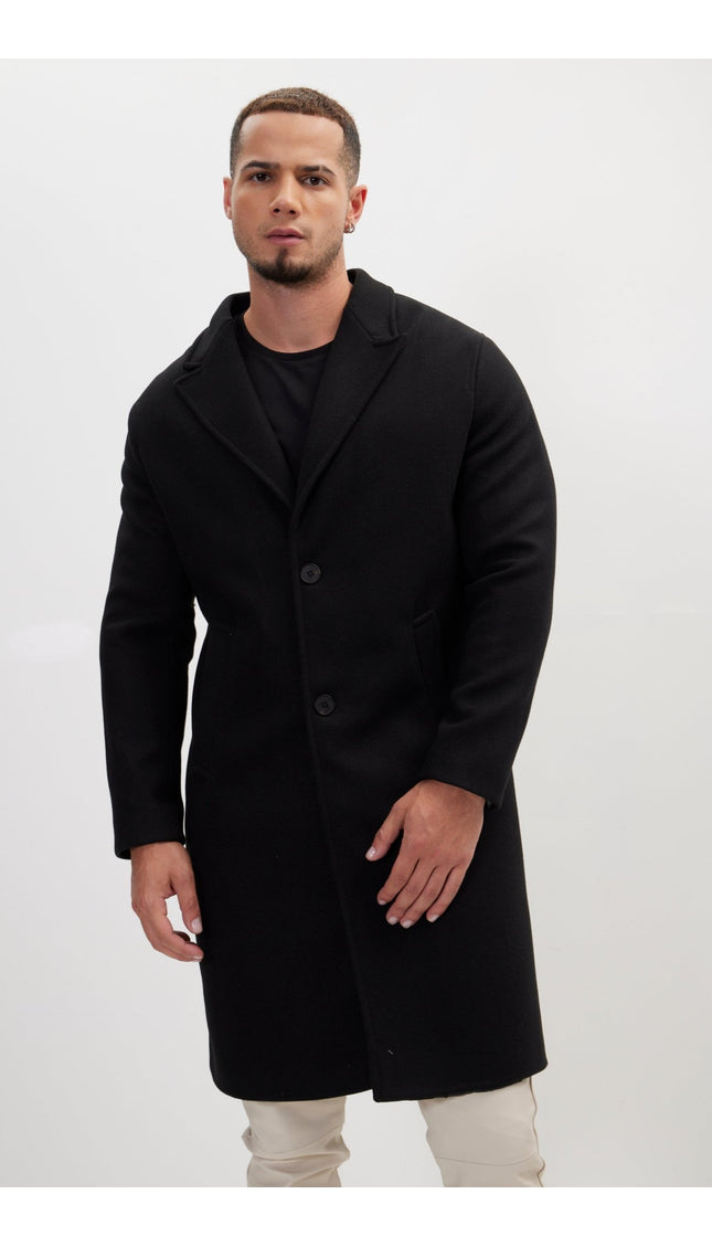 Long Fitted Pea Coat With Notch Lapel - Black - Ron Tomson