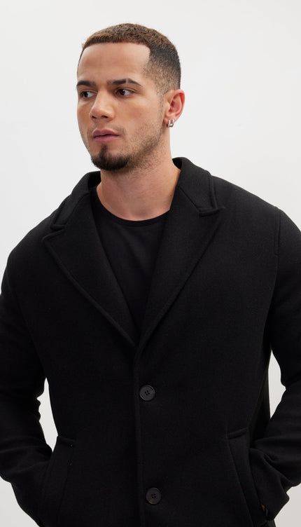 Long Fitted Pea Coat With Notch Lapel - Black - Ron Tomson