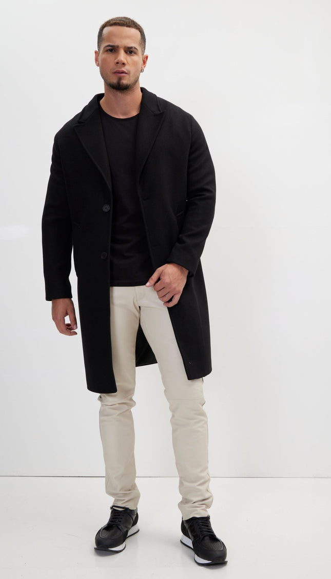 Long Fitted Pea Coat With Notch Lapel - Black - Ron Tomson