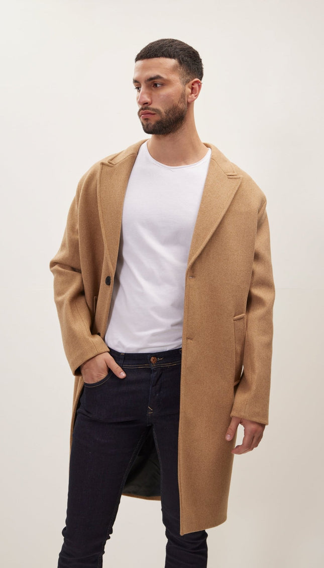 Long Fitted Pea Coat With Notch Lapel - Camel - Ron Tomson