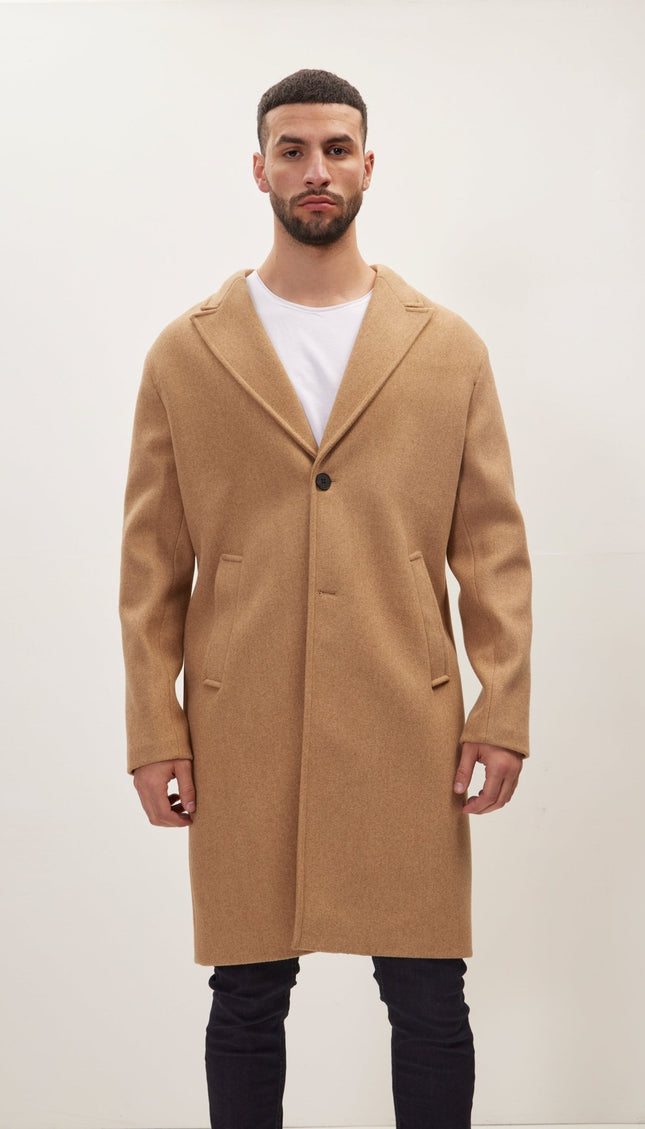 Long Fitted Pea Coat With Notch Lapel - Camel - Ron Tomson