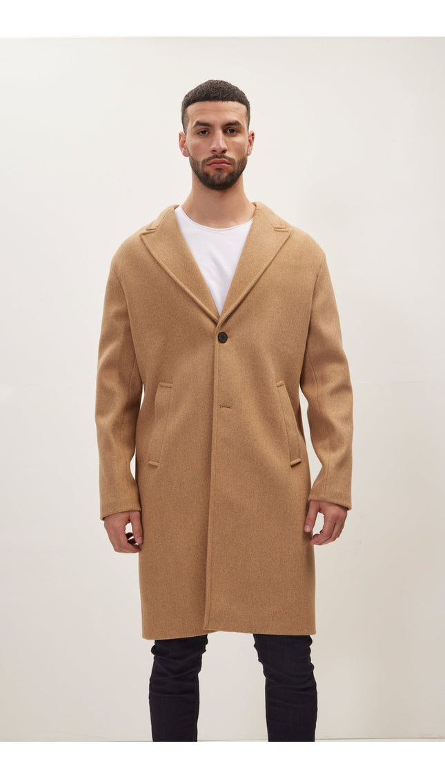 Long Fitted Pea Coat With Notch Lapel - Camel - Ron Tomson