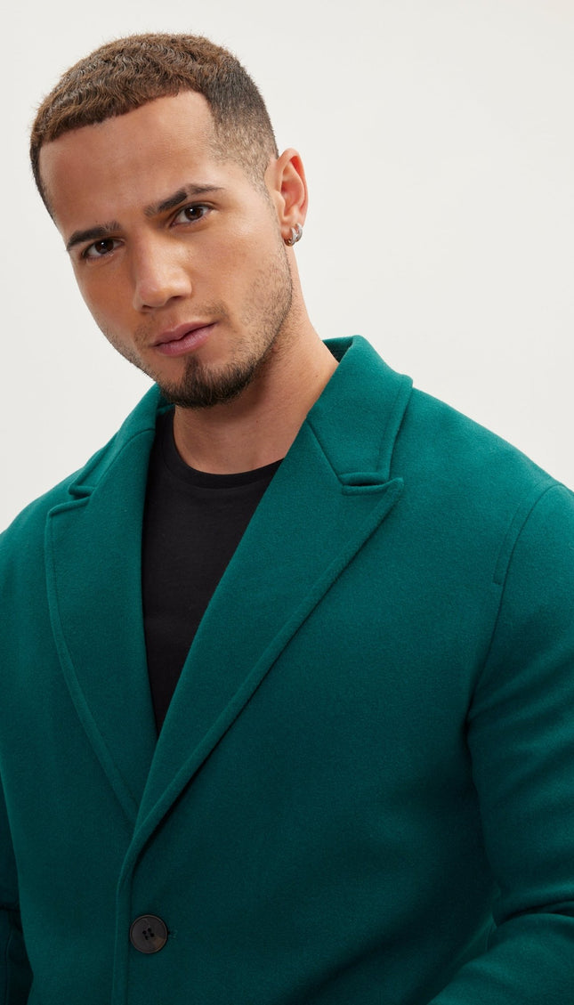 Long Fitted Pea Coat With Notch Lapel - Dark Green - Ron Tomson