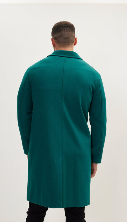 Long Fitted Pea Coat With Notch Lapel - Dark Green - Ron Tomson
