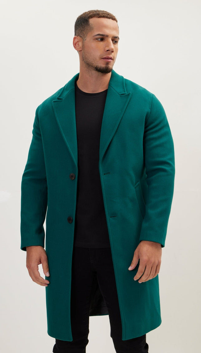 Long Fitted Pea Coat With Notch Lapel - Dark Green - Ron Tomson