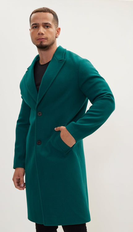 Long Fitted Pea Coat With Notch Lapel - Dark Green - Ron Tomson