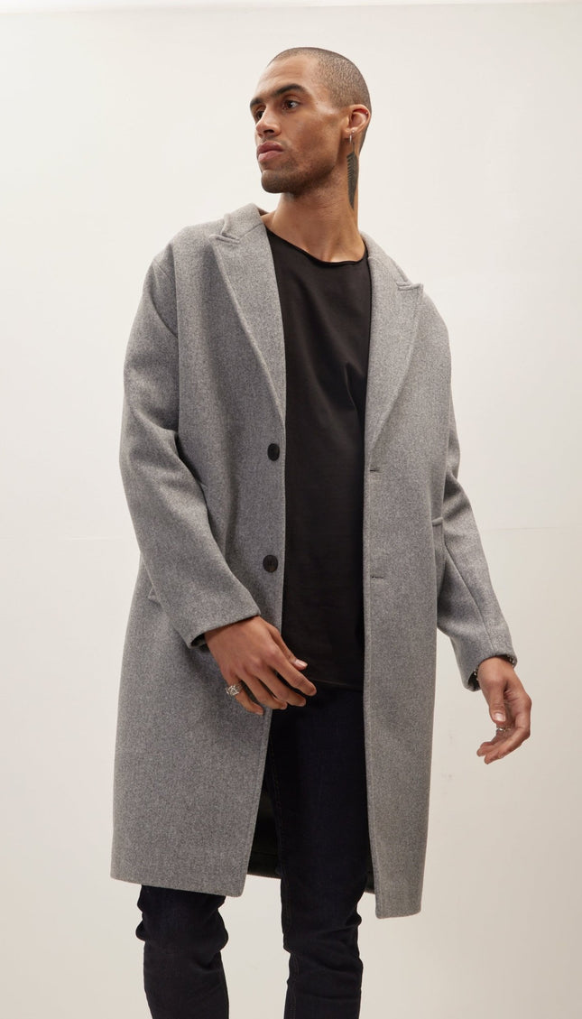 Long Fitted Pea Coat With Notch Lapel - Grey - Ron Tomson
