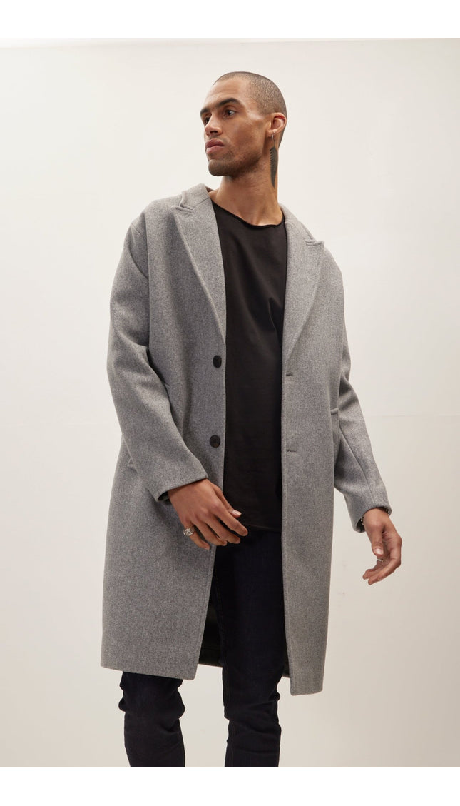 Long Fitted Pea Coat With Notch Lapel - Grey - Ron Tomson