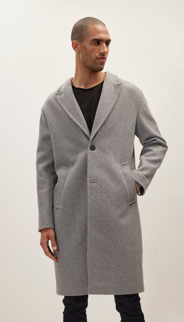 Long Fitted Pea Coat With Notch Lapel - Grey - Ron Tomson