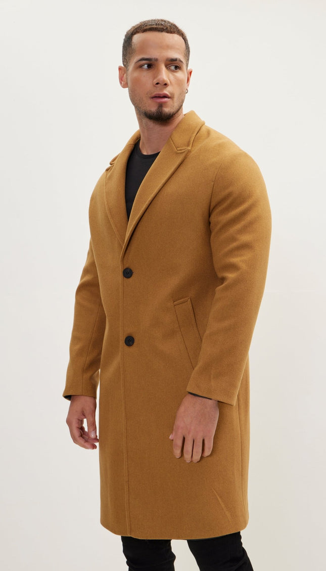Long Fitted Pea Coat With Notch Lapel - Hazelnut - Ron Tomson