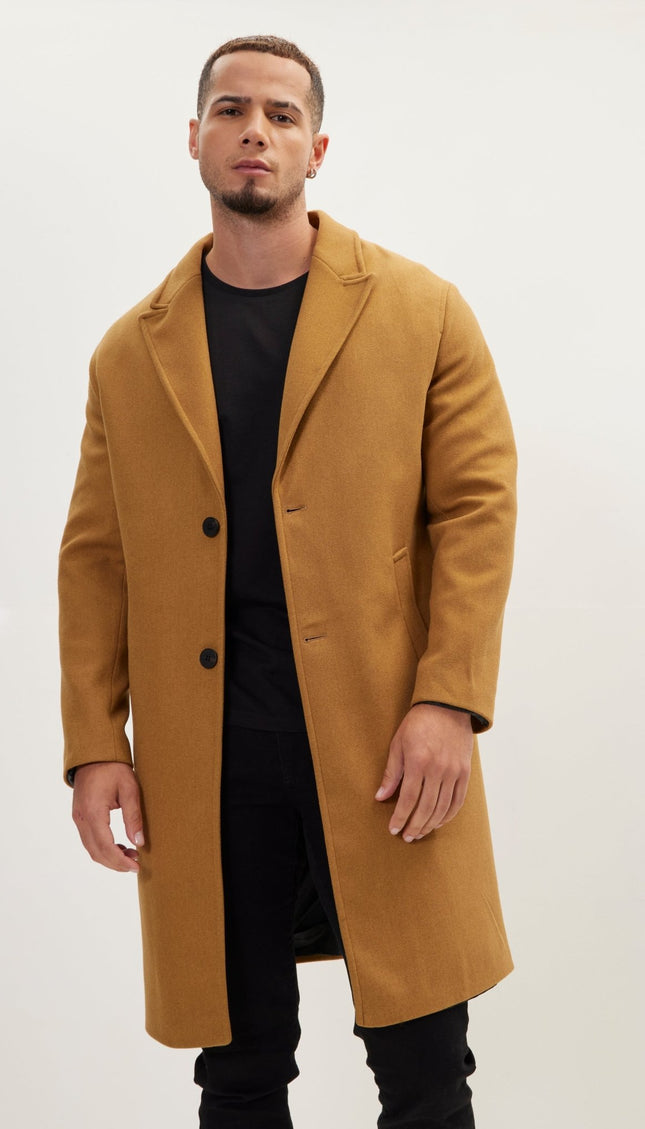 Long Fitted Pea Coat With Notch Lapel - Hazelnut - Ron Tomson