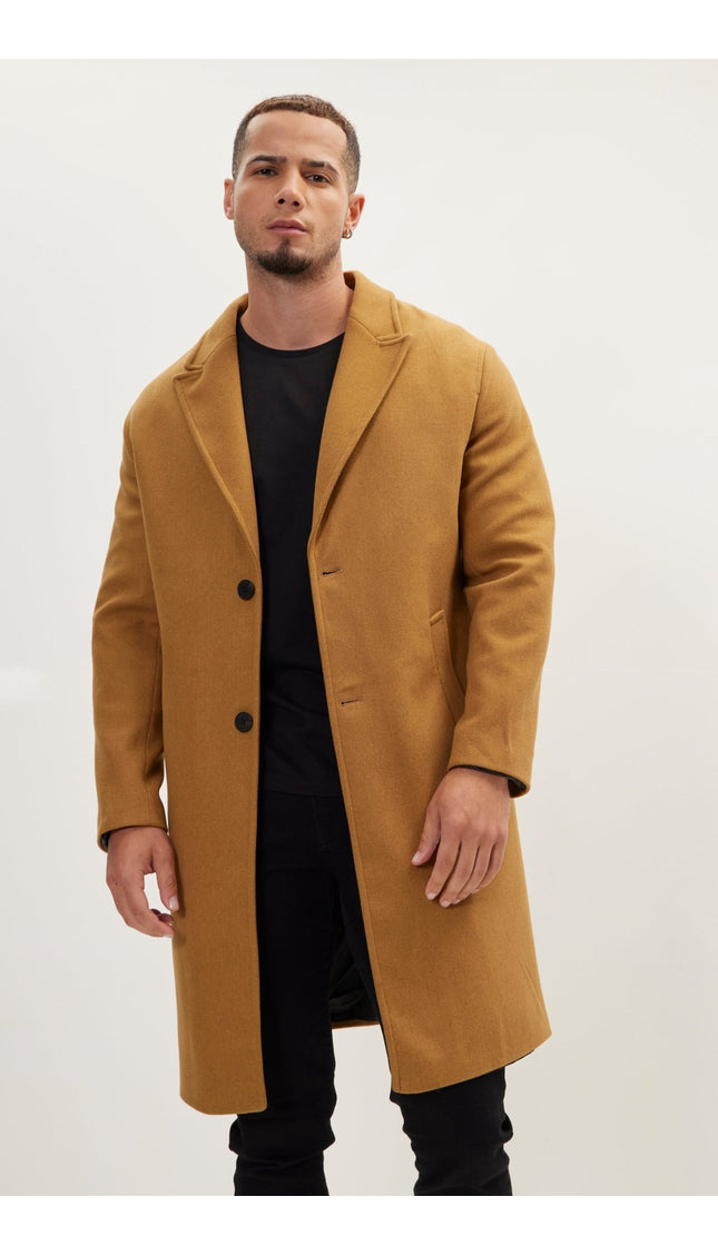 Long Fitted Pea Coat With Notch Lapel - Hazelnut - Ron Tomson