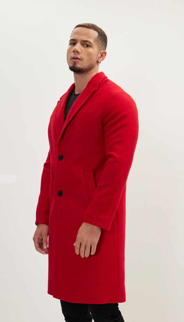 Long Fitted Pea Coat With Notch Lapel - Red - Ron Tomson