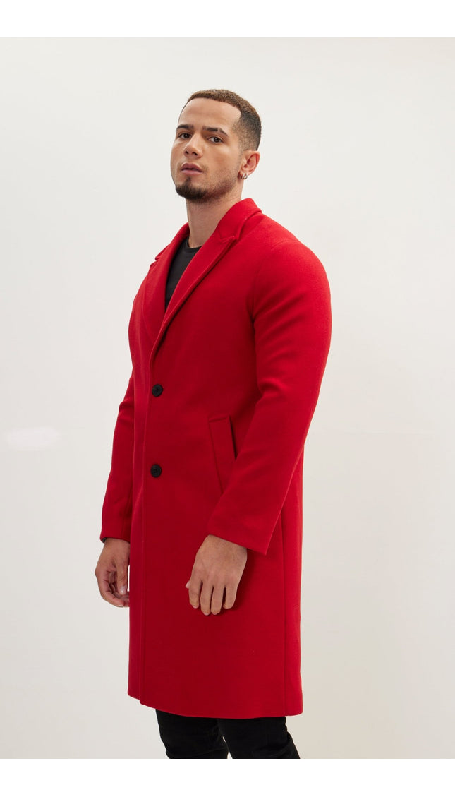 Long Fitted Pea Coat With Notch Lapel - Red - Ron Tomson