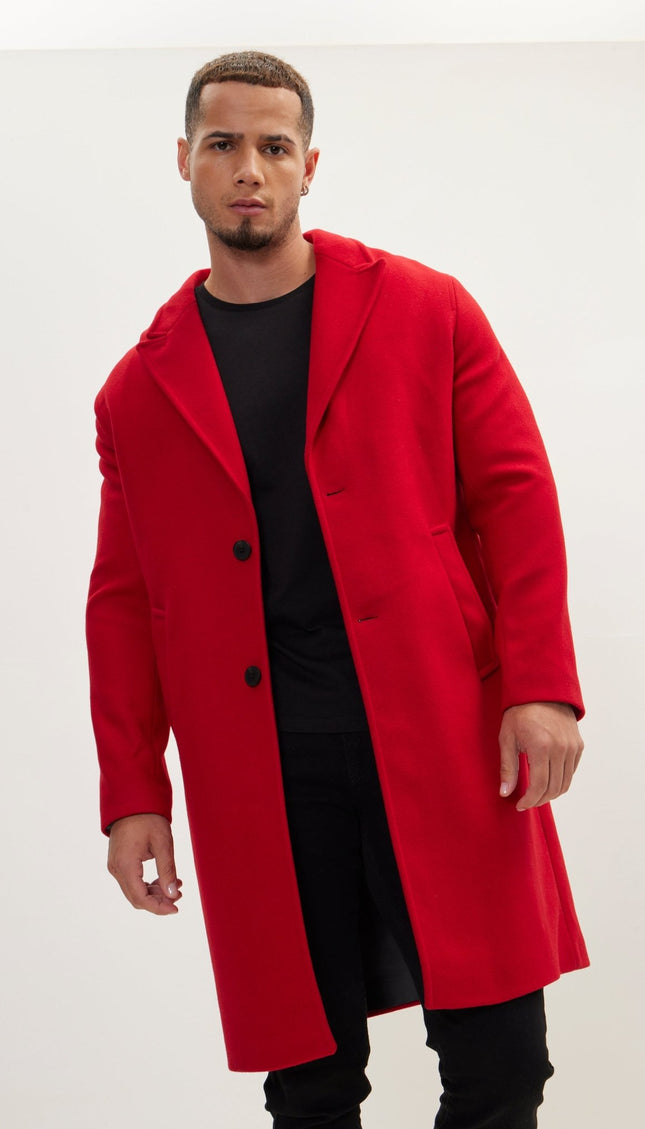 Long Fitted Pea Coat With Notch Lapel - Red - Ron Tomson