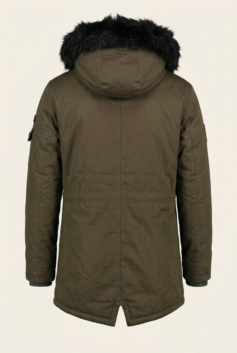 Long Line Faux Fur Anorak - Khaki - Back